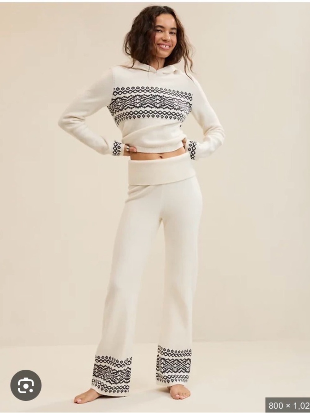 aerie Cream Wide-Leg Knit Pants with Black Fair Isle Hem